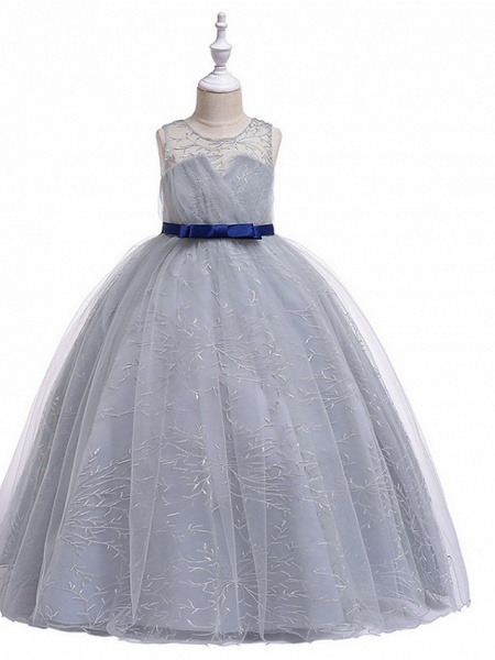 Princess Round Floor Length Cotton Junior Bridesmaid Dress With Bow(S) / Embroidery_1