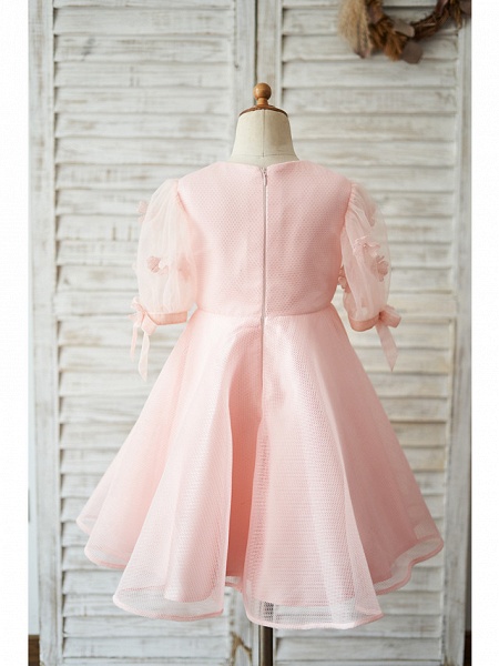 Ball Gown Knee Length Wedding / Birthday Flower Girl Dresses - Tulle Short Sleeve Jewel Neck With Petal / Flower_2