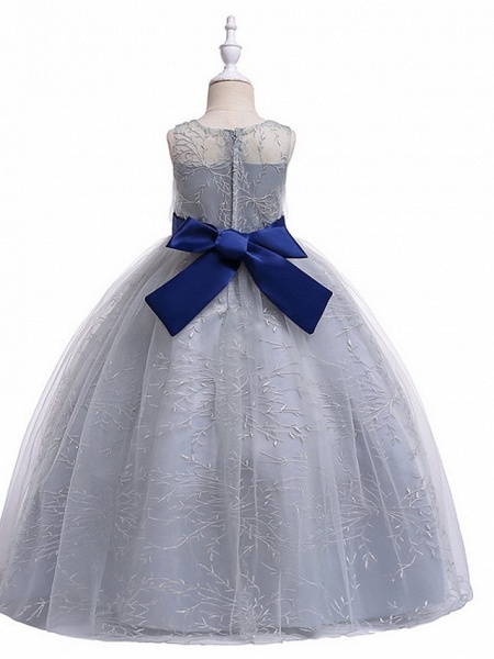 Princess Round Floor Length Cotton Junior Bridesmaid Dress With Bow(S) / Embroidery_3