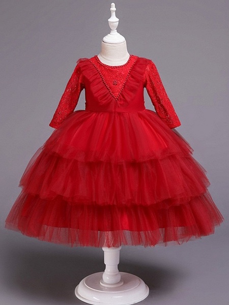 Princess / Ball Gown Knee Length Wedding / Party Flower Girl Dresses - Tulle Long Sleeve Jewel Neck With Bow(S) / Beading / Embroidery_4