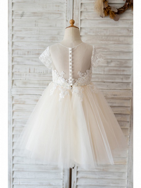 Ball Gown Knee Length Wedding / Birthday Flower Girl Dresses - Lace / Tulle Short Sleeve Jewel Neck With Belt / Buttons / Beading_2