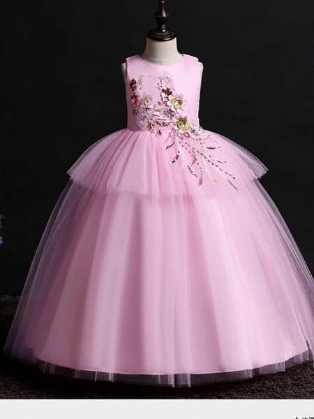 Princess / Ball Gown Floor Length Wedding / Party Flower Girl Dresses - Satin / Tulle Sleeveless Jewel Neck With Bow(S) / Appliques_4