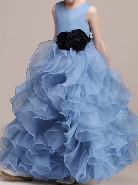 Ball Gown Floor Length Pageant Flower Girl Dresses - Polyester Sleeveless Jewel Neck With Tier / Cascading Ruffles / Tiered_3