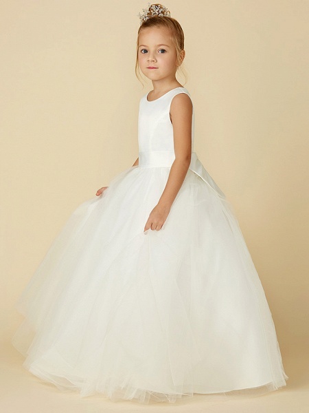 A-Line Floor Length Wedding / First Communion Flower Girl Dresses - Satin / Tulle Sleeveless Jewel Neck With Bow(S) / Buttons_4