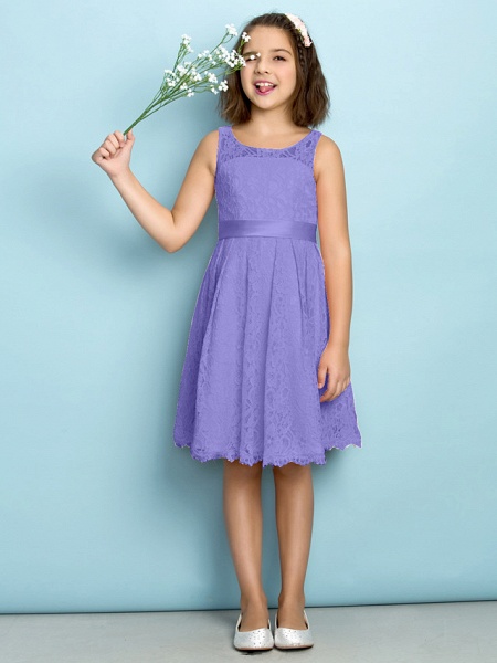 A-Line Scoop Neck Knee Length All Over Floral Lace Junior Bridesmaid Dress With Lace / Natural / Mini Me_37