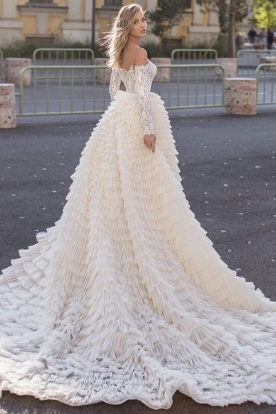 Faszinierendes, schulterfreies, langärmliges Meerjungfrauen-Hochzeitskleid mit Schleppe_2