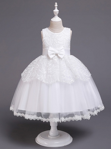 Princess Midi Wedding / First Communion / Birthday Flower Girl Dresses - Satin / Tulle Sleeveless Jewel Neck With Bow(S) / Embroidery / Paillette_1