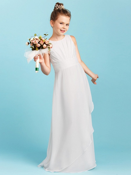 Sheath / Column Jewel Neck Floor Length Chiffon Junior Bridesmaid Dress With Pleats / Ruched / Wedding Party / Open Back_1