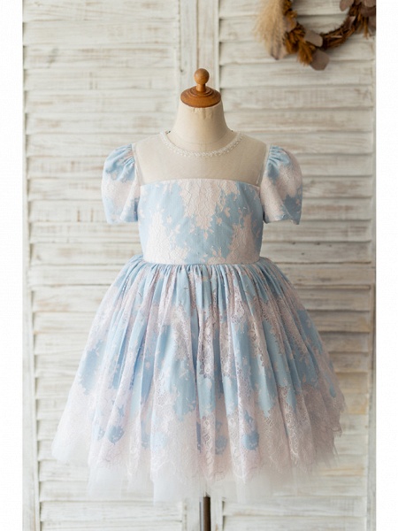 Ball Gown Knee Length Wedding / Birthday Flower Girl Dresses - Lace Short Sleeve Jewel Neck With Beading_1