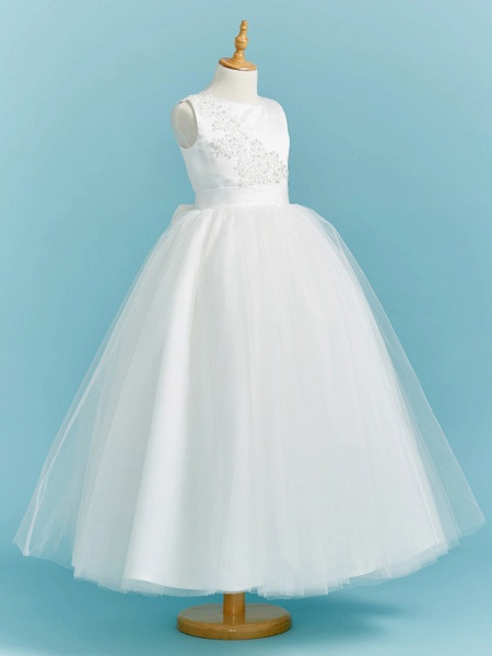 Ball Gown Crew Neck Floor Length Lace / Tulle Junior Bridesmaid Dress With Sash / Ribbon / Pleats / Beading_3