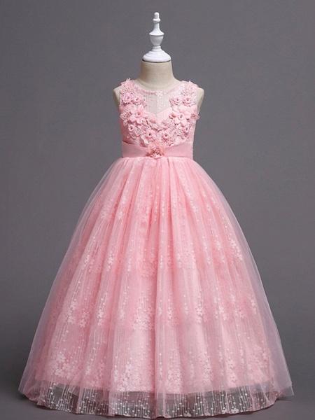 Princess / Ball Gown Floor Length Wedding / Party Flower Girl Dresses - Tulle Sleeveless Jewel Neck With Bow(S) / Appliques_1
