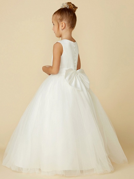 A-Line Floor Length Wedding / First Communion Flower Girl Dresses - Satin / Tulle Sleeveless Jewel Neck With Bow(S) / Buttons_2