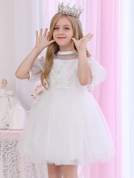 Princess / Ball Gown Medium Length Event / Party / Birthday Flower Girl Dresses - Satin / Tulle 3/4 Length Sleeve Illusion Neck / Halter Neck With Beading / Appliques / Solid_1