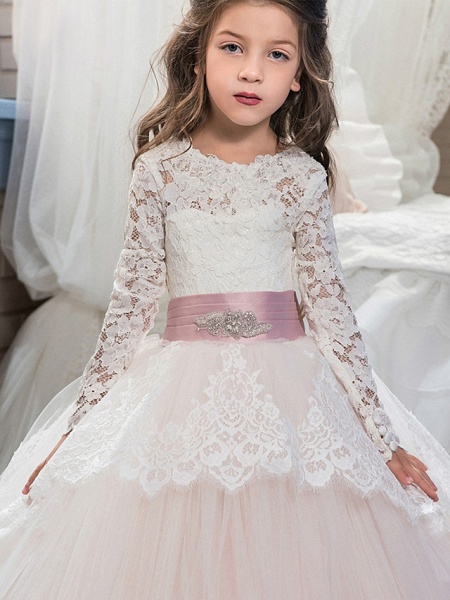 Ball Gown Sweep / Brush Train Wedding / Birthday / Pageant Flower Girl Dresses - Lace / Tulle / Cotton Long Sleeve Jewel Neck With Lace / Belt / Embroidery_2