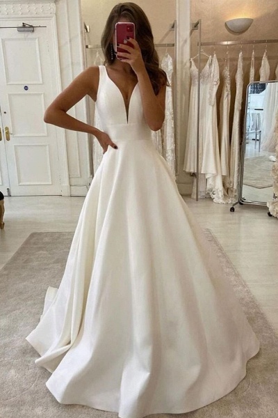 Elegant Wide Straps V-neck Ruffles Floor-length A-Line Satin Wedding Dress_1