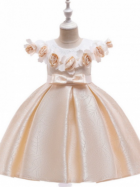 Princess / Ball Gown Floor Length Wedding / Party Flower Girl Dresses - Mikado Sleeveless Jewel Neck With Bow(S) / Color Block_1