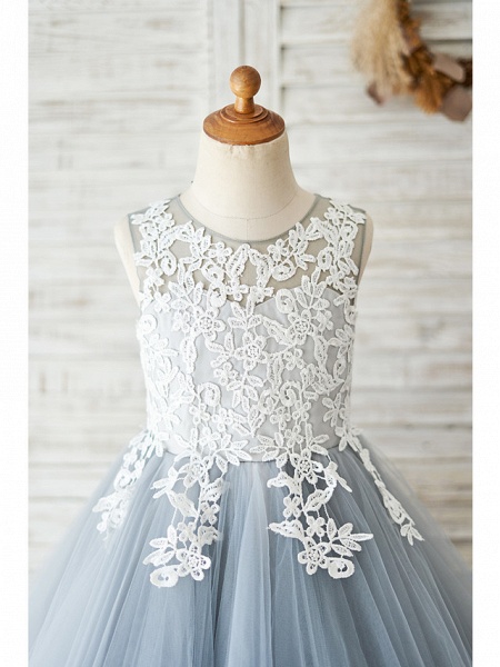 Ball Gown Knee Length Wedding / Birthday Flower Girl Dresses - Lace / Tulle Sleeveless Jewel Neck With Lace_3