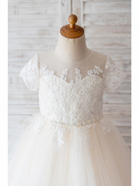 Ball Gown Knee Length Wedding / Birthday Flower Girl Dresses - Lace / Tulle Short Sleeve Jewel Neck With Belt / Buttons / Beading_3