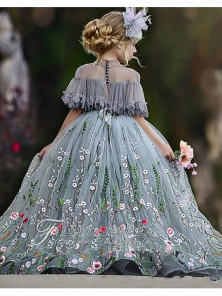 Ball Gown Sweep / Brush Train Wedding Flower Girl Dresses - Tulle Short Sleeve Jewel Neck With Appliques_2