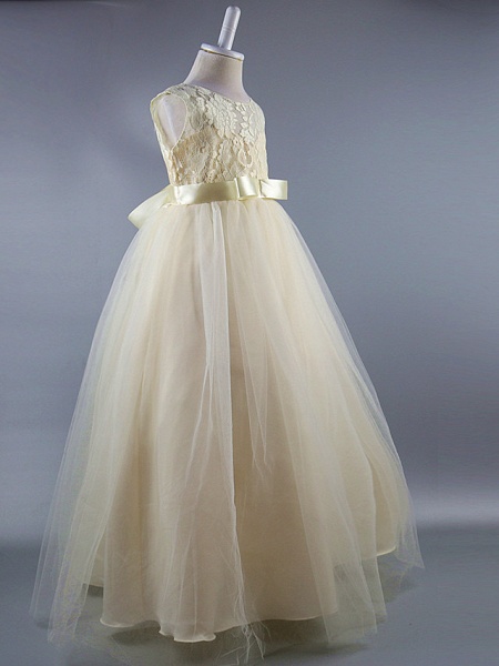 Ballkleid Knöchel-Länge Hochzeit / Erstkommunion / Festzug Blumenmädchenkleider - Satin Ärmellos Schmuck mit Spitze / Schärpe / Band / Drapiert / Elegant / Schöner Rücken / Durchsichtig_8