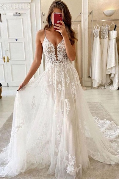 Beautiful Spaghetti Straps A-Line Tulle Appliques Lace Floor-length Prom Dress_1