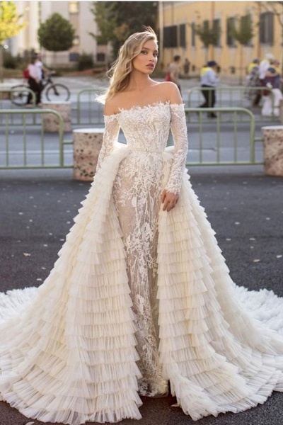 Faszinierendes, schulterfreies, langärmliges Meerjungfrauen-Hochzeitskleid mit Schleppe_1