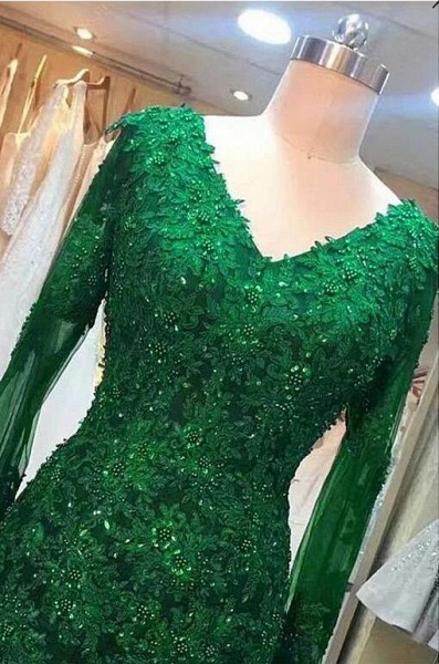 Gorgeous Long Sleeve V-neck Appliques Lace Beading Tulle Mermaid Prom Dress_3
