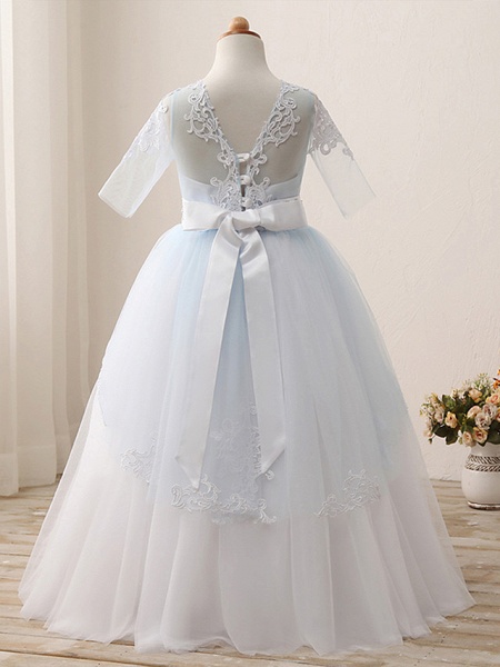 Princess Floor Length Wedding / Birthday / Pageant Flower Girl Dresses - Lace / Tulle Short Sleeve Jewel Neck With Lace / Appliques / Crystals / Rhinestones_4