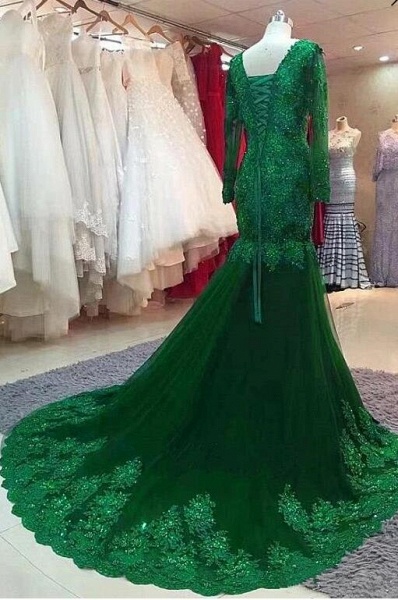Gorgeous Long Sleeve V-neck Appliques Lace Beading Tulle Mermaid Prom Dress_2