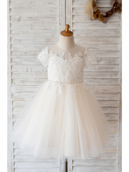 Ball Gown Knee Length Wedding / Birthday Flower Girl Dresses - Lace / Tulle Short Sleeve Jewel Neck With Belt / Buttons / Beading_1