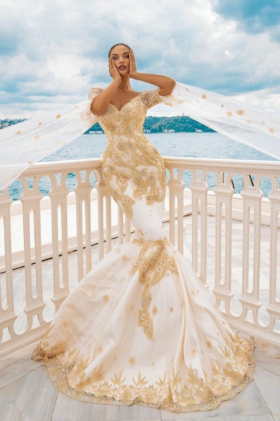 Long Mermaid Off the Shoulder Gold Appliques Lace Wedding Dress with Half Sleeve Cape_2