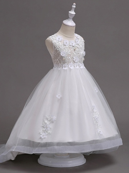 Princess Knee Length Flower Girl Dress - Lace / Tulle Sleeveless Jewel Neck With Appliques / Crystals / Lace By Lan Ting Express_2