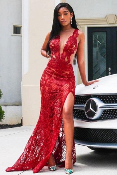 Sexy Bateau Appliques Lace Mermaid Floor-length Prom Dress With Side Slit_1