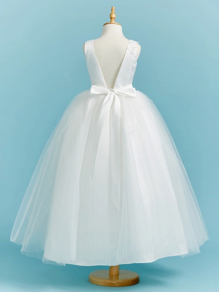 Ball Gown Crew Neck Floor Length Lace / Tulle Junior Bridesmaid Dress With Sash / Ribbon / Pleats / Beading_2