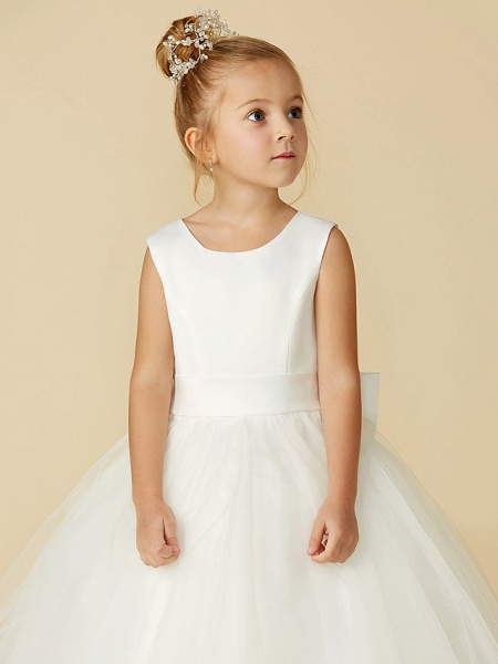 A-Line Floor Length Wedding / First Communion Flower Girl Dresses - Satin / Tulle Sleeveless Jewel Neck With Bow(S) / Buttons_9