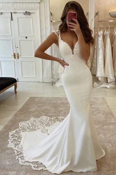 Deep V-neck Appliques Lace Satin Floor-length Mermaid Wedding Dress_1