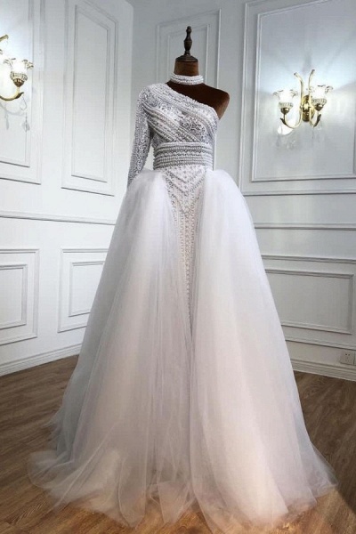 Elegant One Shoulder Long Sleeve Appliques Lace Pearl Floor-length Tulle A-line Prom Dress_1