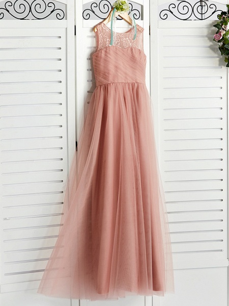 A-Line Crew Neck Maxi Lace / Tulle Junior Bridesmaid Dress With Lace / Pleats_3