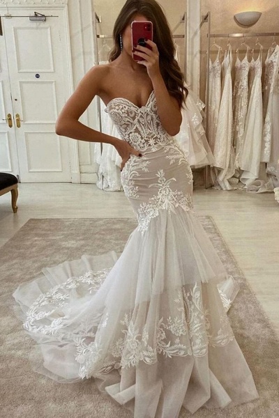 Charming Sweetheart Mermaid Appliques Lace Ruffles Tulle Wedding Dress_1
