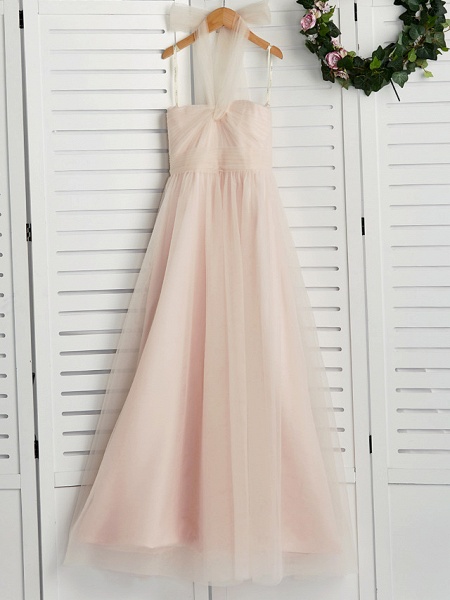 A-Line Halter Neck Floor Length Tulle Junior Bridesmaid Dress With Ruching_1