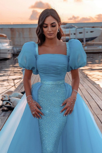 Gorgeous Puffy Sleeves Sequins Mermaid Prom Dress With Detachable Tulle Train_3