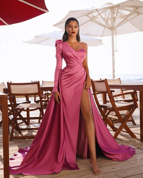 Long One Shoulder Long Sleeves Evening Maxi Gowns with Slit | Cocosbride