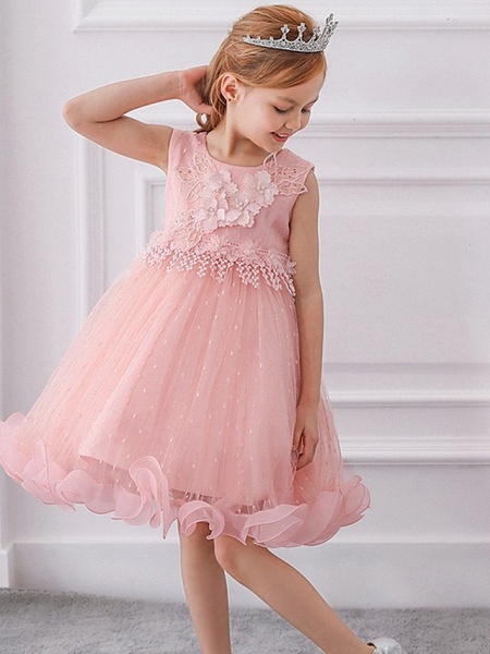 Prinzessin / Ballkleid Knie-Länge Hochzeit / Party Blumenmädchenkleider - Tüll Ärmellos Schmuck mit Schleife(n) / Perlenstickerei / Applikationen_4