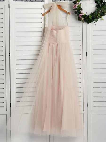 A-Line Halter Neck Floor Length Tulle Junior Bridesmaid Dress With Ruching_2