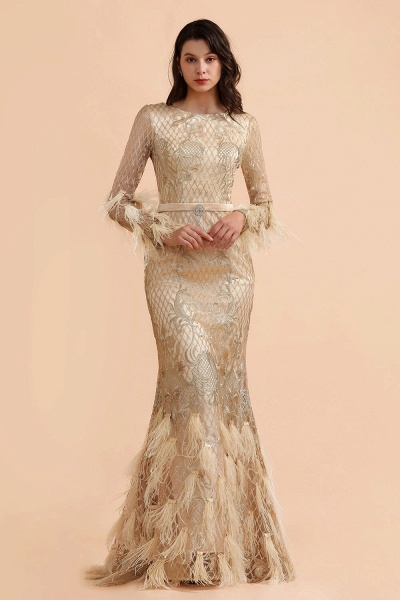 Champange Mermaid Long sleeves V-back Prom Dress_1