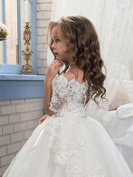 Ball Gown Tulle Half Sleeve Lace Floor Length Flower Girl Dresses_3