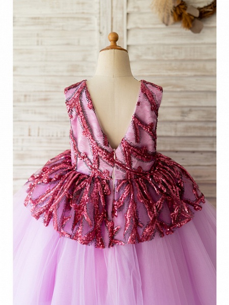 Ball Gown Asymmetrical Wedding / Birthday Flower Girl Dresses - Tulle Sleeveless Jewel Neck With Paillette_4