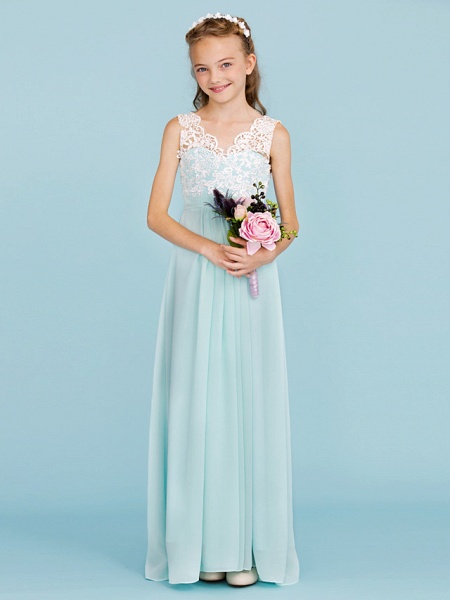 Sheath / Column V Neck Floor Length Chiffon / Lace Junior Bridesmaid Dress With Sash / Ribbon / Pleats / Color Block / Wedding Party / Open Back_1