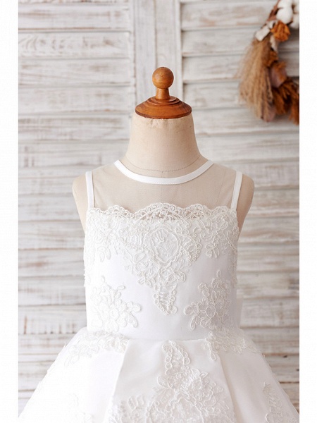 Ball Gown Knee Length Wedding / Birthday Flower Girl Dresses - Lace / Tulle Sleeveless Jewel Neck With Bow(S) / Appliques_3