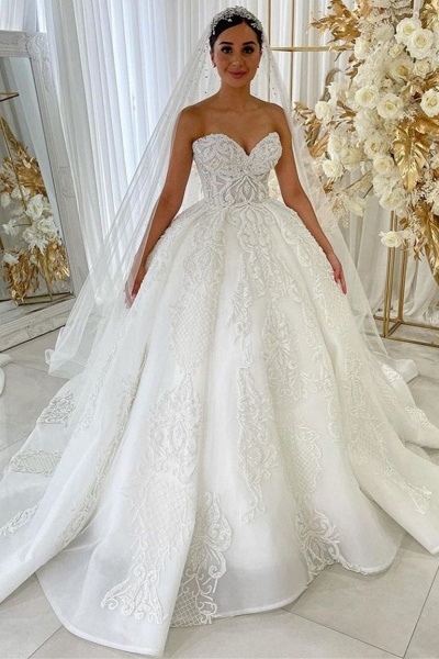 Long Ball Gown Sweetheart Tulle Lace Appliques Wedding Dress_1